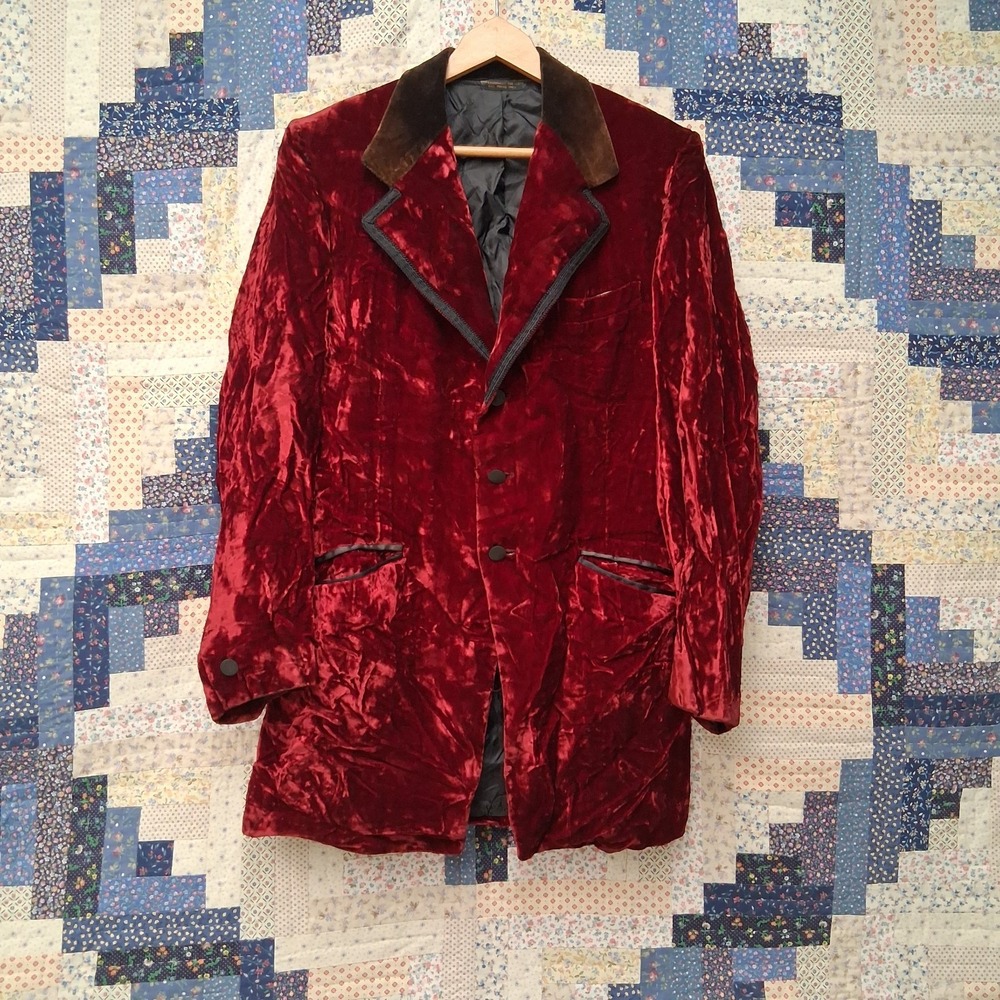 Vintage 70s Velvet Tuxedo Jacket 40L Mens Red Smoking Coat Blazer Vampire Gothic